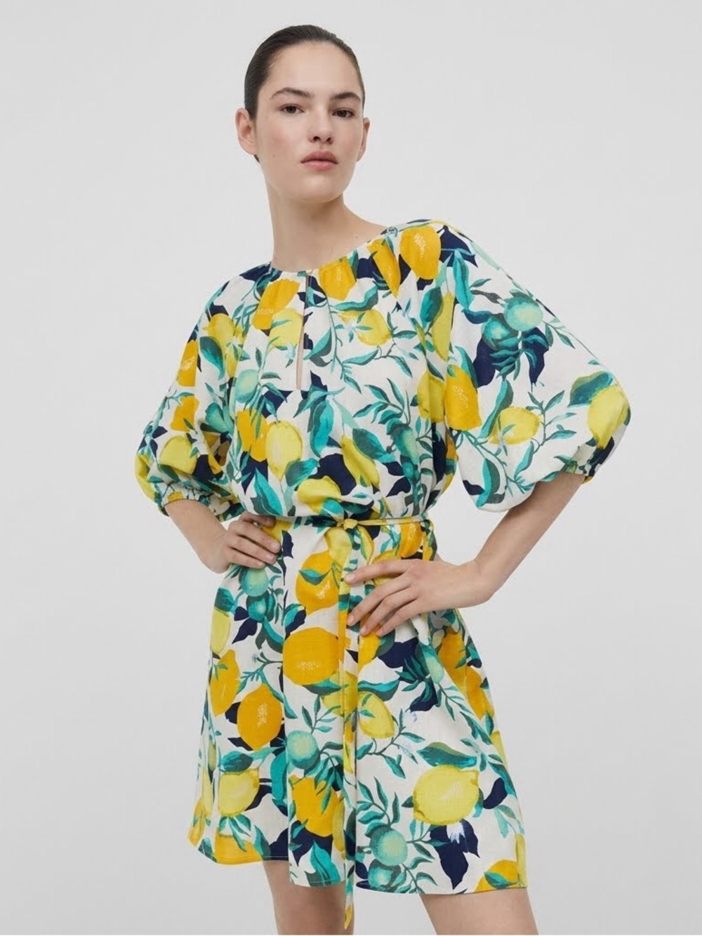 New H&M Lemon Print Tie-Belt Dress (Size XS)